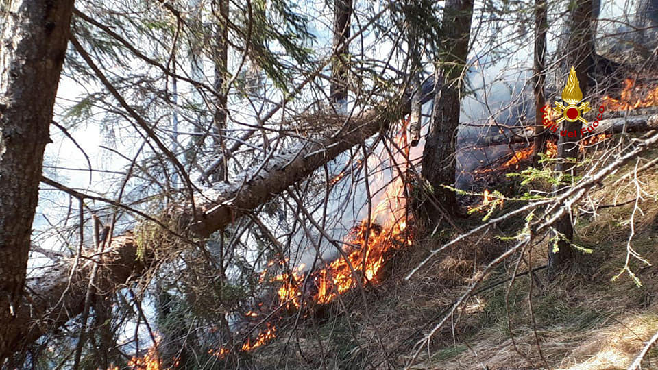 San Pietro di Cadore, fiamme nel bosco schiantato da Vaia