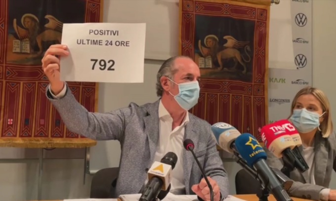 Covid, Zaia: “Ricoveri in terapia intensiva in drastico aumento, zona bianca a rischio” | +792 positivi| Dati 5 novembre 2021