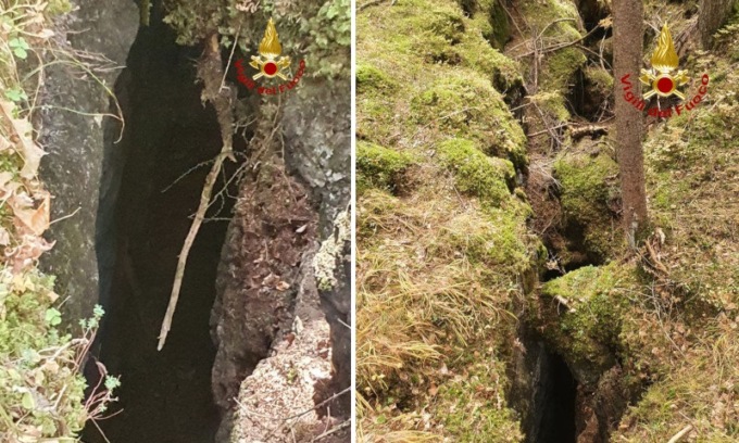 Il cucciolone Mokka precipita per cinque metri in una fessura del terreno: le immagini del recupero
