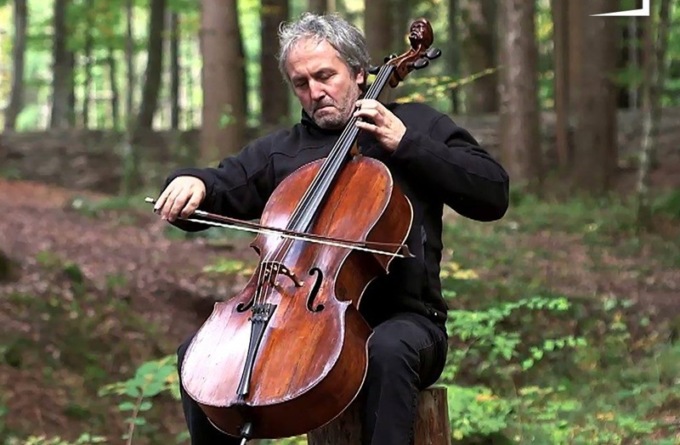 Si siede nel bosco e suona il violoncello mentre le motoseghe abbattono i larici per far spazio alla pista da bob