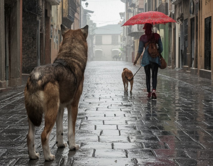 Incontra un lupo in centro e si mette a urlare: “Per fortuna avevo l’ombrello”